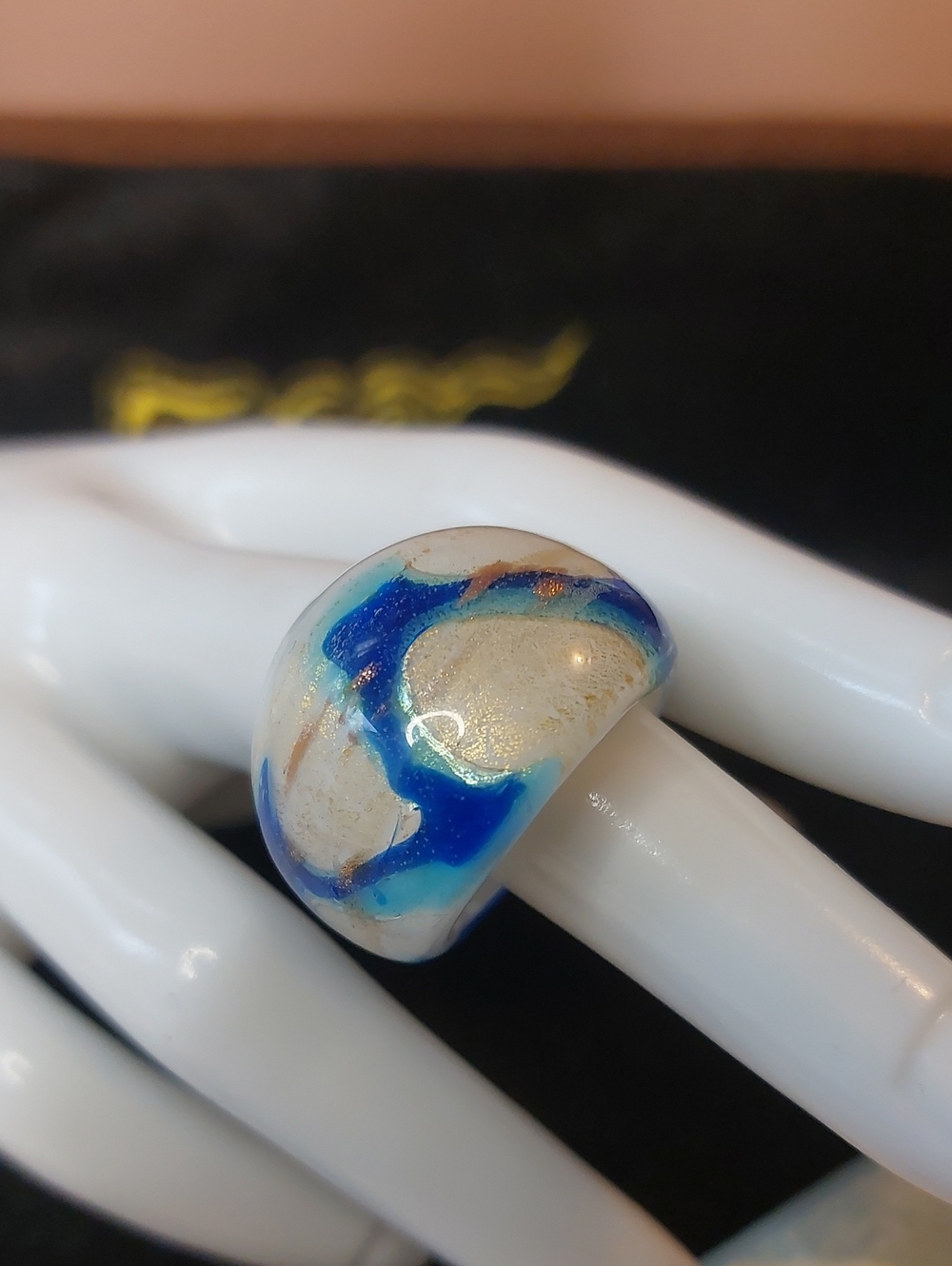 Chunky Art Glass Dome Ring Blue White Gold Swirl Sz 7.75 - 8